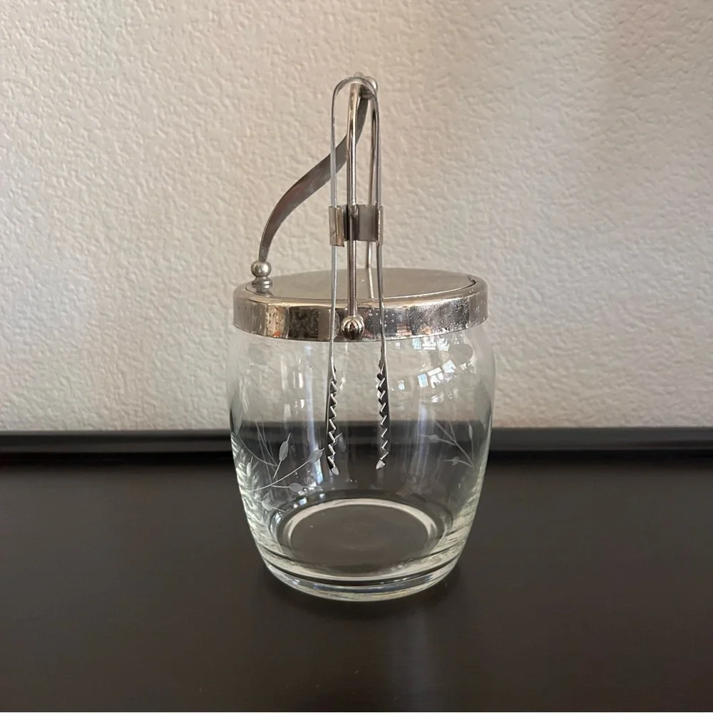 Vintage Mid-Century Modern Noritake Sasaki glass ice bucket etched floral tong